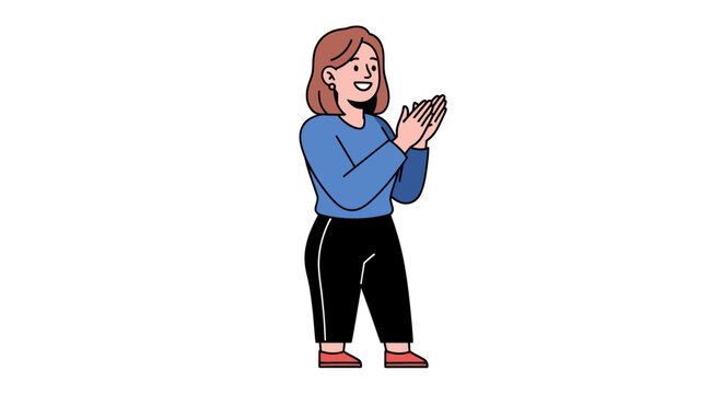 Smiling Cartoon Woman Clapping Hands in Blue Shirt.