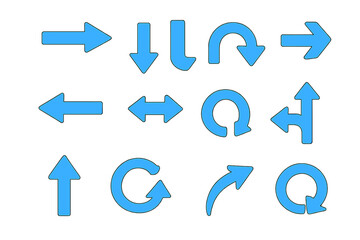 Set of blue vector arrows. Collection of different arrow icons. Up, down, left, right, refresh, and circular direction symbols. Pointer sign for navigation or web design.