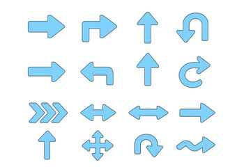 Set of blue vector arrows. Collection of different arrow icons for navigation and direction. UI UX elements. Includes up, down, left, right, curved, reload and pointer symbols.
