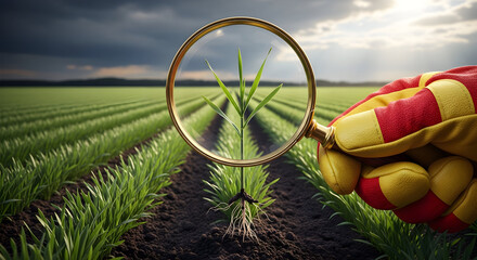 Close-up of a plant seedling in a field viewed through a magnifying glass concept for agriculture and environmental research