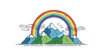 Obraz premium Colorful stylized mountain range with a vibrant rainbow and flying birds.