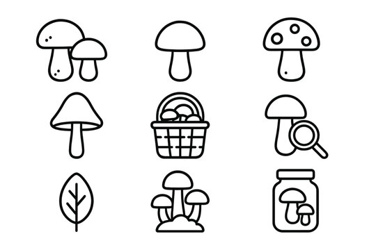 Mushroom line icon set for foraging, picking and preserving. Vector collection of forest food symbols. Editable stroke for web, ui, app. Minimal outline illustration.