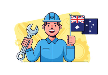 Australian worker celebrating Labour Day with wrench and Australian flag, a symbol of hard work and national pride