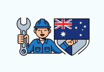 Happy Labour Day Australia A smiling tradesperson in a hard hat holds a large wrench and the Australian flag, celebrating workers' rights and achievements