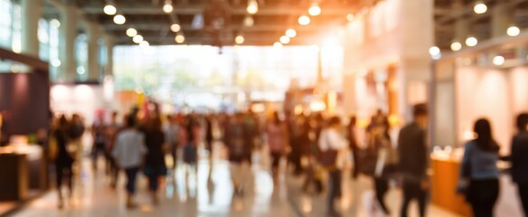 The vibrant atmosphere of a bustling exhibition with diverse attendees and displays.