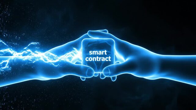Glowing hands reach towards a bright smart contract symbol, highlighting the power of technology and innovation in the digital age. The captivating scene creates an intriguing atmosphere.