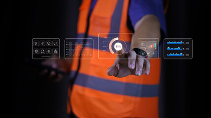 engineer or construction worker holding a phone with digital charts and progress indicators. The image highlights technology in construction, focusing on project monitoring and data tracking.