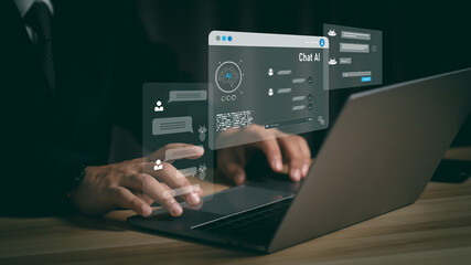 Close-up of hands typing on laptop with virtual AI assistant, chatbot, and code interface, representing artificial intelligence, automation, and smart digital support system.