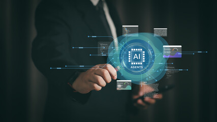 User analyzing AI agent performance data on mobile device, infographic charts, digital icons, representing smart technology, analytics, artificial intelligence adoption, mobile interface interaction.