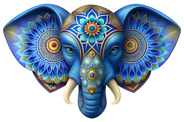 Obraz premium Photo of intricately decorated blue elephant head with floral patterns and golden accents, representing wisdom and good fortune isolated on transparent background