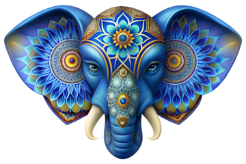 Photo of intricately decorated blue elephant head with floral patterns and golden accents, representing wisdom and good fortune isolated on transparent background
