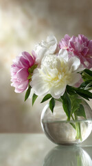 Fototapeta premium Pink and white peonies with delicate flowers in soft lighting and muted tones, large glass table with clear mirror and transparent vases filled with water, beautiful peony blooms