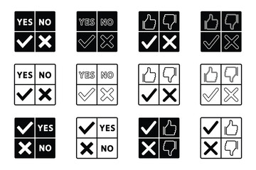 Yes No Check mark Cross Thumbs Up Down Vote Icons Set . Poll, Survey, Decision and Approval Symbols Collection.