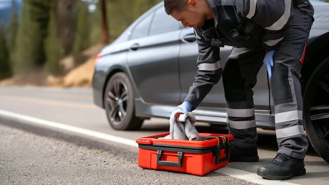 A paramedic, their gloves tight, checks a first-aid kit, its plastic scuffed, on a road shoulder. A stretcher, its straps frayed, rests nearby, its metal frame glinting. A car&rsquo;s door, its handle