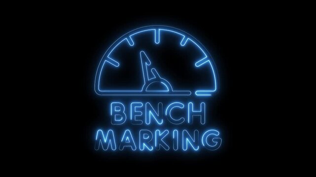 Neon benchmarking speedometer graphic for performance analysis and competitive strategy visualization