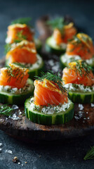 Close-up of appetizers: salmon with cucumber and dill