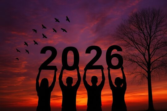 Silhouette figures hold the year 2026 against a vibrant sunset sk