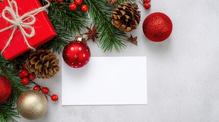 Christmas Blank Card Border: Fresh Pine Branches, Red/Gold Baubles, Pine Cones, Gift Box, Star Anise, White Card, Light Gray Background