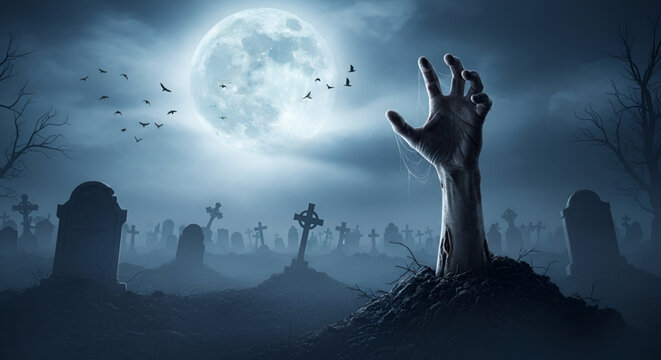 A Happy Halloween Scene With A Spooky Zombie Hand Rising From The Ground In A Graveyard Under A Full Moon