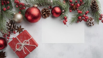 Christmas Blank Card Border: Fresh Pine Branches, Red/Gold Baubles, Pine Cones, Gift Box, Star Anise, White Card, Light Gray Background