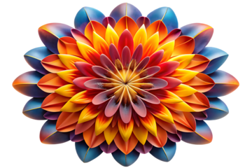 Photo of colorful abstract flower bloom with layered petals in shades of blue, orange, red, and yellow, isolated on transparent background