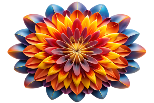 Photo of colorful abstract flower bloom with layered petals in shades of blue, orange, red, and yellow, isolated on transparent background