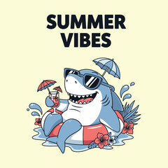 Cartoon shark with sunglasses enjoying a drink in a float with summer vibes text bundle design