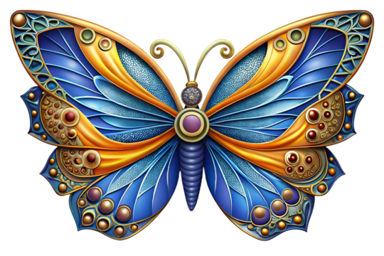 Photo of intricate steampunk butterfly with blue and gold wings, isolated on transparent background