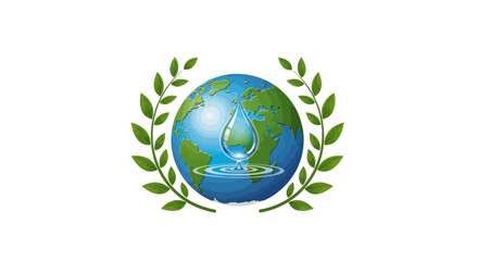 Obraz premium Earth Globe with Water Drop and Laurel Wreath Symbol.