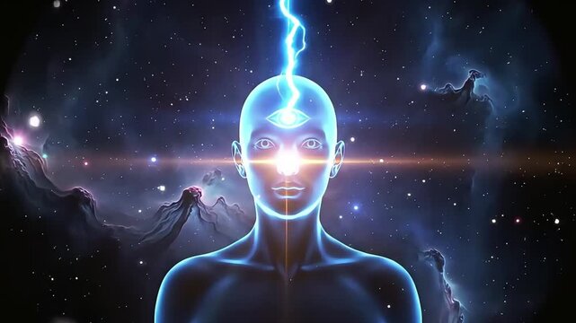 A glowing humanoid figure radiating blue energy in the vastness of outer space. A powerful beam of light shoots upward from the forehead, symbolizing the awakening of the third eye and higher consciou