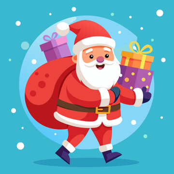 Joyful Santa Claus walking through a snowy pine forest carrying a large red sack of colorful gifts, under a magical starry winter sky, classic Christmas celebration vector illustration full of festive