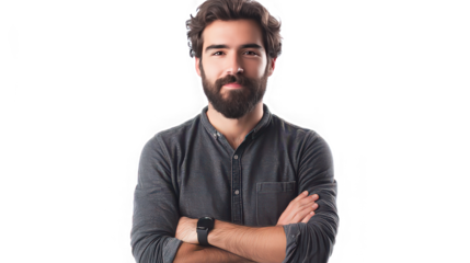 Confident man with beard and arms crossed wearing a smart watch