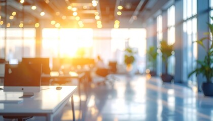 Fototapeta premium Blurred background of a modern office interior with bokeh lights and open workspace