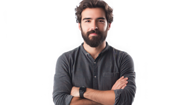 Confident man with beard and arms crossed wearing a smart watch