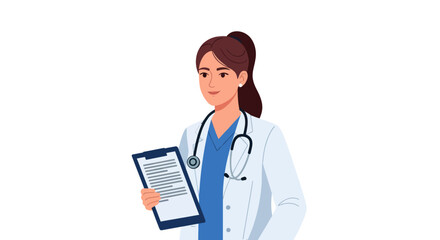 Fototapeta premium Professional Female Doctor Illustration Holding Clipboard and Stethoscope.