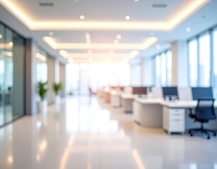 Fototapeta premium Blurred background of a modern office interior with bokeh lights and open workspace