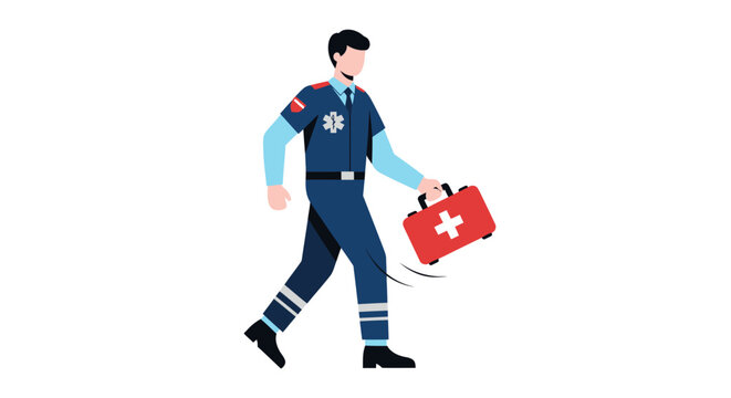 Male paramedic in a blue uniform with the Star of Life symbol walking and carrying a red first aid kit.
