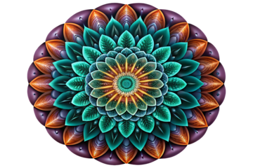 Photo of intricate fractal mandala art with vibrant teal, orange, and purple petals isolated on transparent background