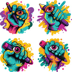 Psychedelic hands holding pencils with third eye symbol
