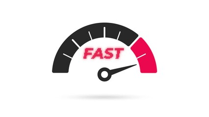 Speedometer at maximum power in red with the word "fast" on a white background