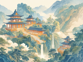 Ancient style pavilions amidst mountains and waters