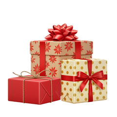 Obraz premium Festive Gift Trio on White – Poinsettia, Polka Dots & TwineA joyful, elegant arrangement of holiday presents—ideal for cards, ads, or seasonal branding.