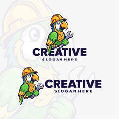 A modern and cute cartoon parrot icon logo for a repair company