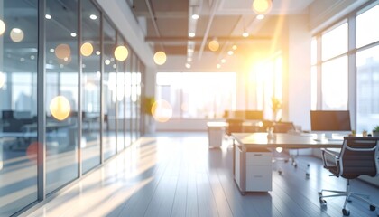 Blurred background of a modern office interior with bokeh lights and open workspace