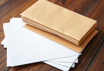 Fototapeta premium Stack of blank white paper and brown envelopes on wooden table, organized, brown