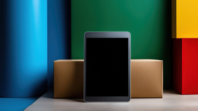 Tablet displayed in a colorful setting with geometric shapes