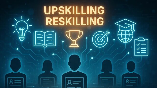 A digital illustration representing the concepts of upskilling and reskilling, featuring various educational and achievement icons.