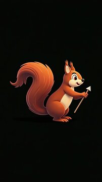 Colorful vector illustration of a cute cartoon squirrel holding a small spear. The animal stands on a solid black background, expressing adventure and creativity in a fun concept.