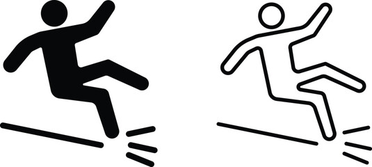 Two simple pictogram icons representing a person slipping and falling on a wet or hazardous surface