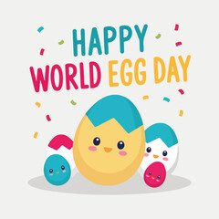 Fun and colorful World Egg Day vector designs with cracked eggs, egg typography, egg celebration poster elements, cute egg doodles, abstract shapes, and modern solid color vector art